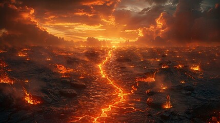 A pathway leading to an inferno in a hellish landscape - obrazy, fototapety, plakaty
