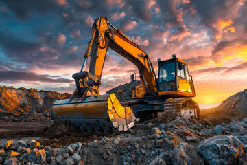 Sunset Excavator at Construction Site. A powerful excavator stands at a construction site under a breathtaking sunset sky, showcasing the synergy between human engineering and natural beauty. - obrazy, fototapety, plakaty