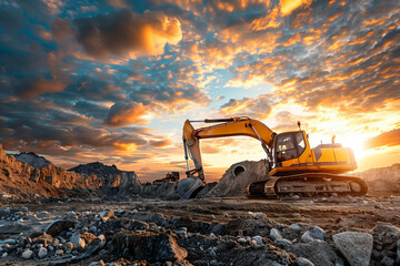 Excavator Working on Earthworks at Sunset. A single excavator operates amidst earthworks against the backdrop of a vibrant sunset sky. - obrazy, fototapety, plakaty