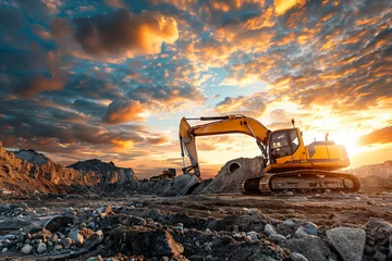 Fotobehang Excavator Working on Earthworks at Sunset. A single excavator operates amidst earthworks against the backdrop of a vibrant sunset sky. © GustavsMD