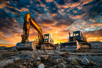Industrial Giants at Twilight.  An excavator and bulldozer against the backdrop of a fiery twilight sky.