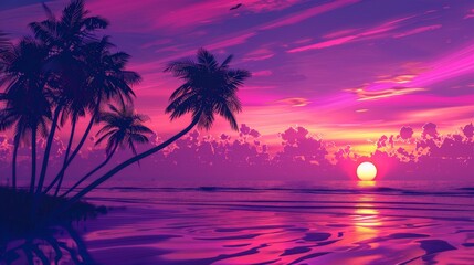 Fototapeta na wymiar Sunset Painting With Palm Trees