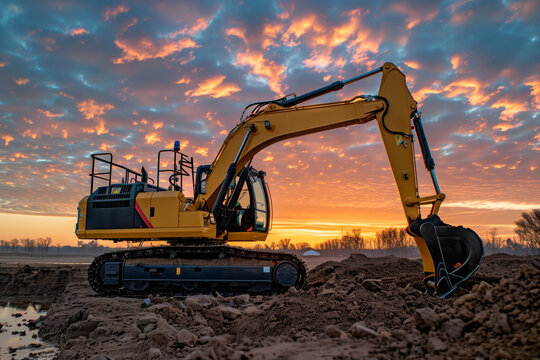 Excavator at Work During Sunrise. A yellow excavator in a construction site silhouetted against a vibrant sunrise.