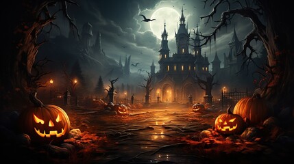 Halloween background with haunted castle and pumpkins, - obrazy, fototapety, plakaty