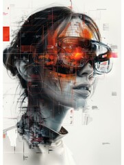 Woman with Augmented Reality Glasses in Digital Art Style with Circuitry and Cityscape. Futuristic Interface Design Concept with Red and White Tones for Interactive Media.