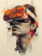 Person with Futuristic VR Headset Displaying Urban Cityscape. Mixed Media Digital Art with Orange and Black Hues for Virtual Reality and Metropolis Concept.