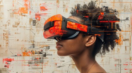 Woman with Virtual Reality Headset Against a Textured Background with Digital Glitch Art. Orange and Black Futuristic Technology Concept.