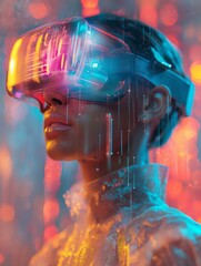 Woman in VR Headset with Reflective Digital Interface Overlay, Bokeh Lights, and Cybernetic Elements. Virtual Reality Engagement and Entertainment Concept.
