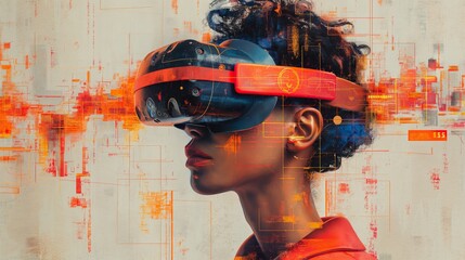 Profile View of a Woman with a VR Headset Against a Digital Glitch Art Background. Orange and Black Virtual Reality Concept for Technology and Gaming.