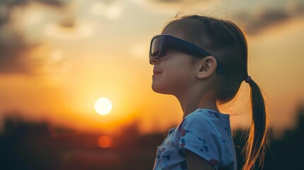 Young observer with eclipse glasses watching solar event. Eclipse phenomenon with dramatic sky. Educational concept for astronomy. - obrazy, fototapety, plakaty