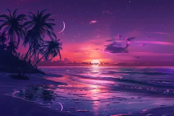 Fotobehang Sunset Painting on Beach With Palm Trees © BrandwayArt