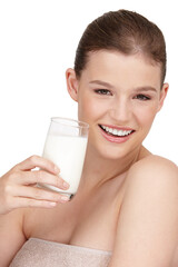 Portrait, woman and healthy diet by drinking milk in studio for calcium, nutrition and protein with detox benefits. Happy, female person and dairy product smoothie with natural vitamins for wellness