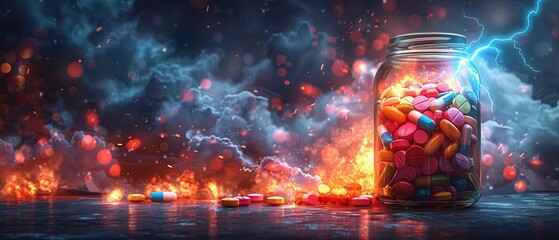 Colorful pills and lightning  Imagine lightning striking a jar filled with vibrant pills, illuminating them