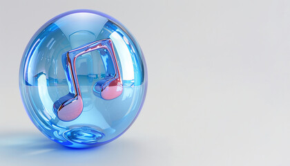 Glossy blue glass music note. 3d musical symbol in crystal transparent sphere.