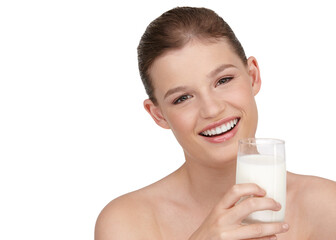 Portrait, woman and healthy diet by drinking milk in studio for calcium, nutrition and protein with detox benefits. Smile, female person and dairy product smoothie with natural vitamins for wellness
