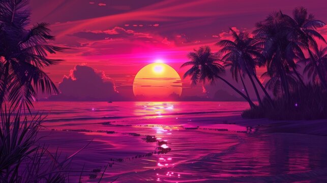 Sunset Over Ocean With Palm Trees