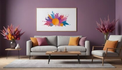 Aesthetic composition of living room interior with mock up poster frame, modular sofa, wooden coffee table, vase with dried flowers, pillows, armchair and personal accessories. Generative AI