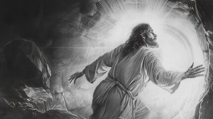 A sketch of Jesus Christ at the moment of the resurrection. A pencil-shaded sketch of the resurrected Jesus Christ and a divine flash at his side.