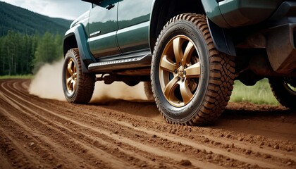 Naklejka premium A blue truck is driving on a dirt road with a lot of dust. The tires are black and the truck is leaving a trail of dust behind it.
