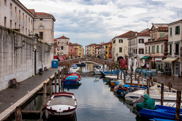 Scenic view of peaceful canal Vena nestled in charming town of Chioggia, Venetian Lagoon, Veneto,...
