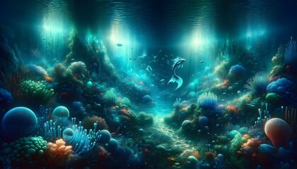 Fototapeta na wymiar Underwater World Of Iridescent Blues And Greens, Secret Lagoon