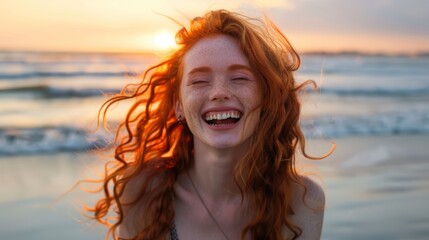 Happy redhead woman with freckles laughing at the beach during sunset.
