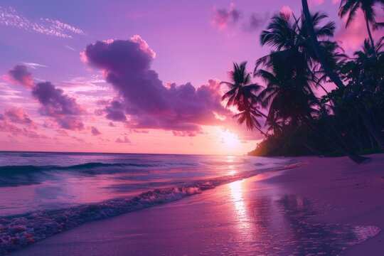 Sunset on Beach With Palm Trees