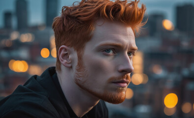 Portrait of a beautiful male red-haired model, a ginger model with a face of beauty and red hair, noir, contrast, color paint, multiple colors, city at background , detailed