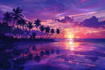 Fototapeta na wymiar Tropical Sunset Painting With Palm Trees