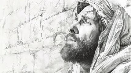 A sketch of Jesus looking at Jerusalem with compassion and sadness. A pencil shading sketch with expression of Jesus Christ expressing emotion and sadness. - obrazy, fototapety, plakaty
