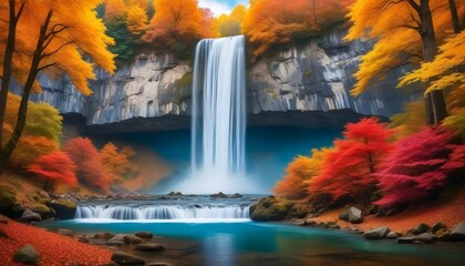 Travel to the beautiful Colorful majestic waterfall in national park forest during autumn, soft water of the stream in the natural park - obrazy, fototapety, plakaty