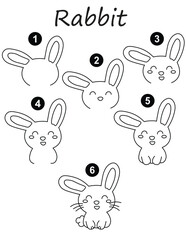 How to draw a bunny hugging a big carrot vector illustration. Draw rabbit and carrot step by step. Cute and easy drawing guide.