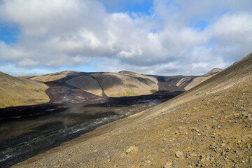 View on valley covered by solidified lava in Iceland
