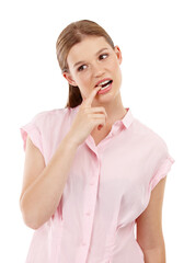 Woman, bite finger and thinking for doubt, worry and anxious facial expression on white background. Model or young person isolated and unsure or confused for problem, choice or uncertain crisis