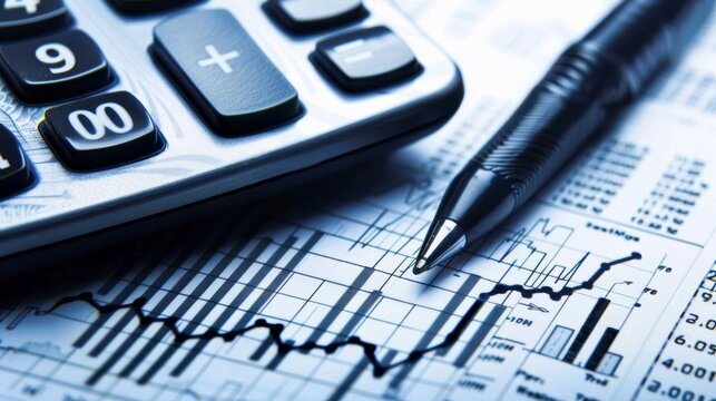 Calculator and pen on financial chart. Business accounting and financial analysis concept