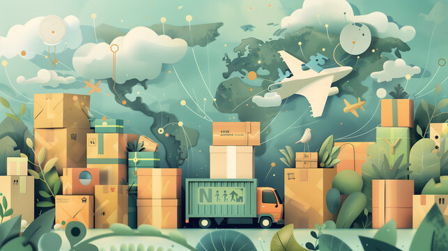 global shipping, with boxes and cargo trucks moving across the world map, representing container transportation for forwarders. In front is an airplane flying over cardboard packaging