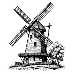 Traditional Windmill Engraved Illustration PNG