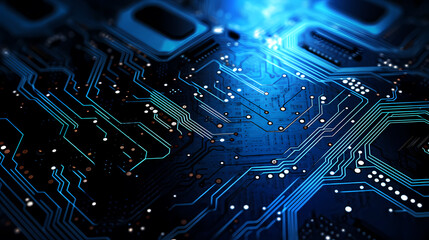 Abstract neon blue tech circuit board lines sci-fi banner design. futuristic computer chip background