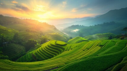 Terraced rice fields on hills, sunrise, layers of green, high angle, clear morning light, vibrant life.