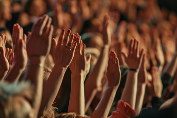 Crowd of people raised up hands and clapping at a music concert