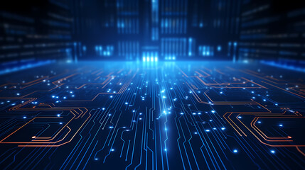 Abstract neon blue tech circuit board lines sci-fi banner design. futuristic computer chip background