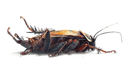 Illustration of cockroach on white backdrop. Pest insect. Concept of infestation, pest control, hygiene, domestic cleanliness, home pest, extermination, and sanitation. Digital art