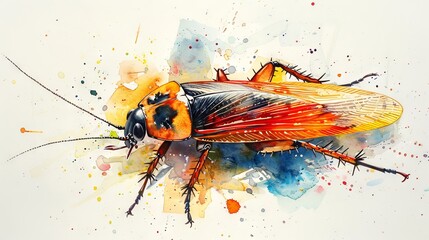 Watercolor illustration of a cockroach. Artistic depiction of an insect with colorful splashes. Concept of art, creativity, Pest insect, infestation, pest control, extermination, sanitation. Aquarelle