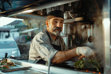 Portrait of mature male chef cooking food, food truck owner