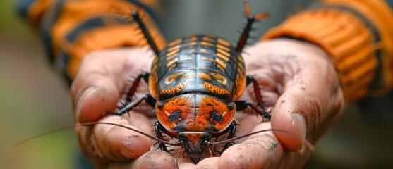Person Hand holding a Madagascar hissing cockroach outdoors. Gentle interaction with nature. Concept of exotic pets, entomology, wildlife handling, outdoor learning, and insect education. - obrazy, fototapety, plakaty