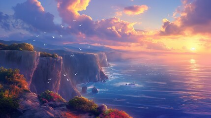 Seaside cliffs at sunset, ocean below, birds flying, warm glow, panoramic view, tranquil, golden hour.