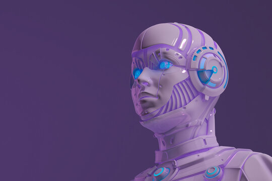 A close up of a robot with glowing blue eyes