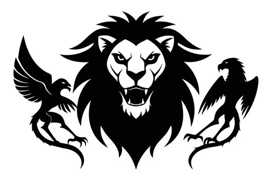 Logo featuring a combination of a lion, spider, and crow 