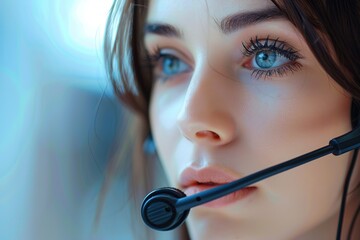 Young woman receptionist with headset working in a call centre