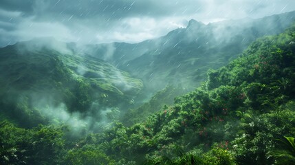 Rainforest-covered hills after rain, lush greens, mist rising, macro view, vibrant life, wet surfaces.